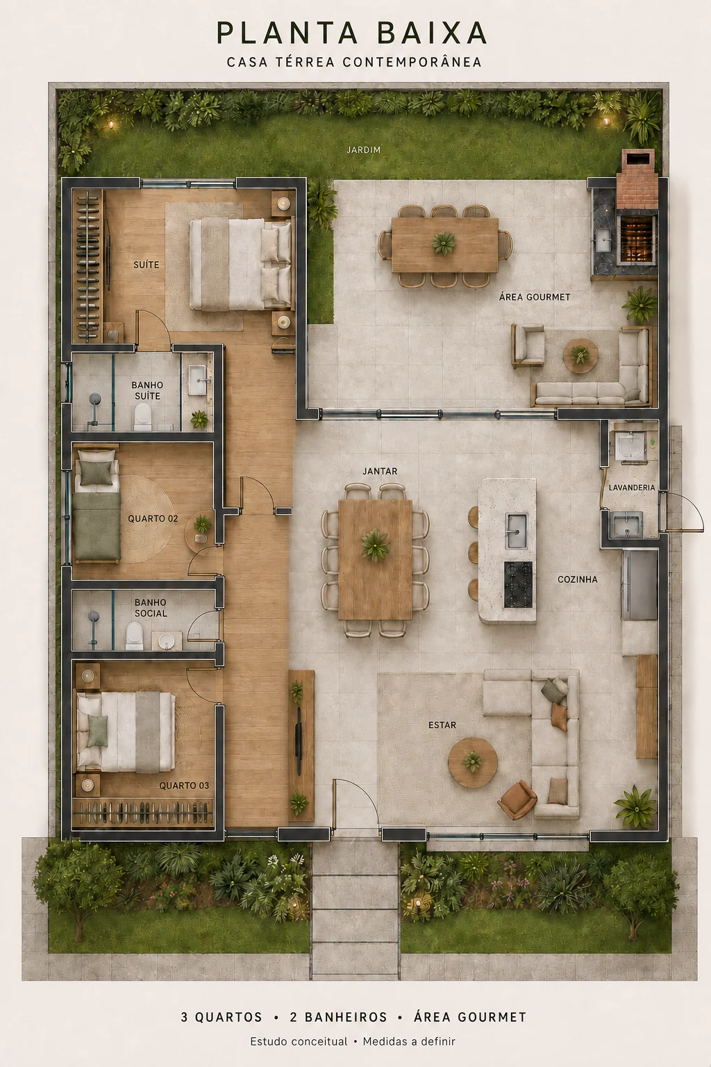 Planta conceitual da casa, com ala íntima à esquerda, área social à direita e jardim ao fundo
